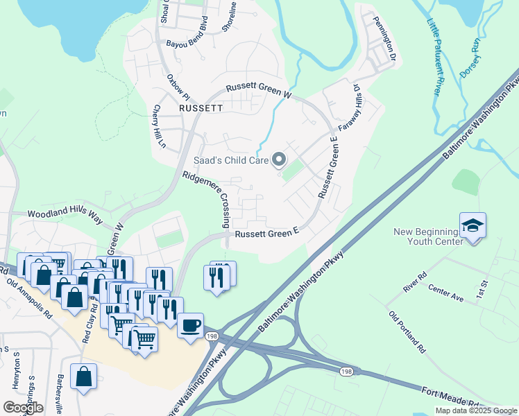 map of restaurants, bars, coffee shops, grocery stores, and more near 8500 Summit View Road in Laurel