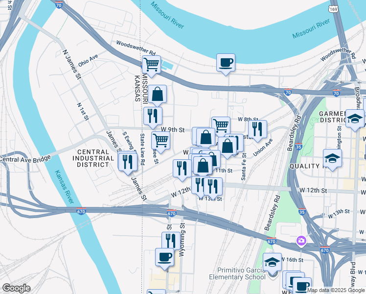 map of restaurants, bars, coffee shops, grocery stores, and more near 1524 Saint Louis Avenue in Kansas City