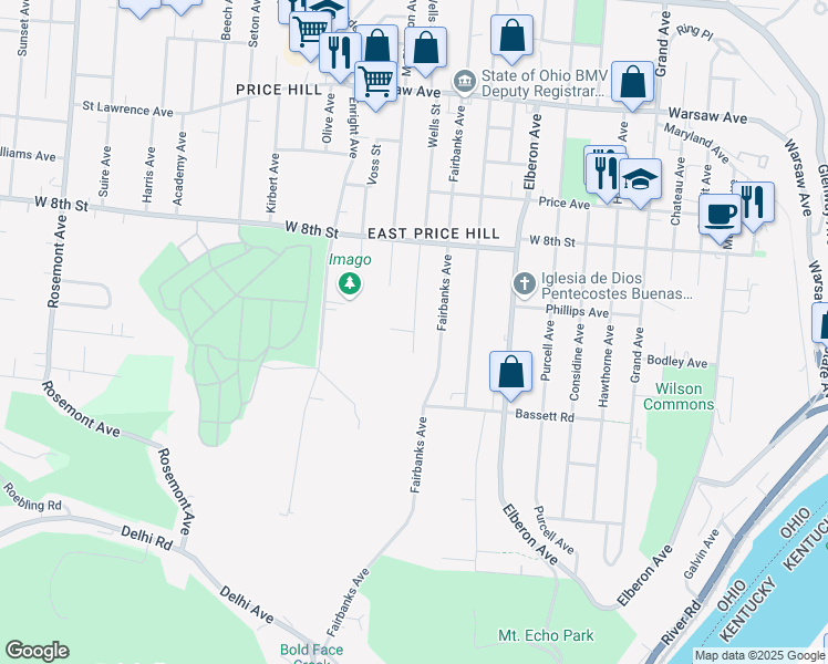 map of restaurants, bars, coffee shops, grocery stores, and more near Wells St & Sedler St in Cincinnati