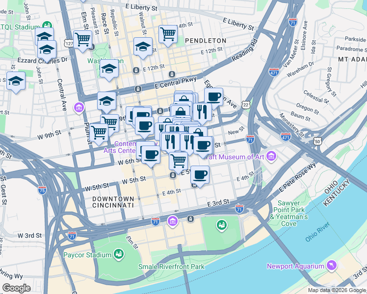 map of restaurants, bars, coffee shops, grocery stores, and more near in Cincinnati