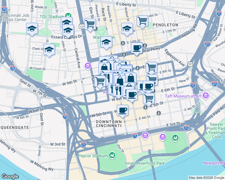 map of restaurants, bars, coffee shops, grocery stores, and more near 120 Garfield Place in Cincinnati
