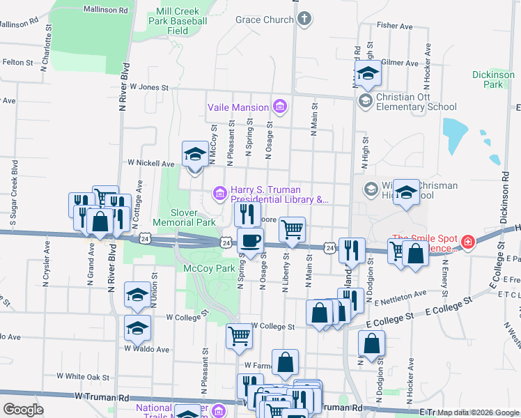 map of restaurants, bars, coffee shops, grocery stores, and more near 1119 North Spring Street in Independence
