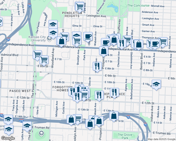map of restaurants, bars, coffee shops, grocery stores, and more near 2362 East 8th Street in Kansas City