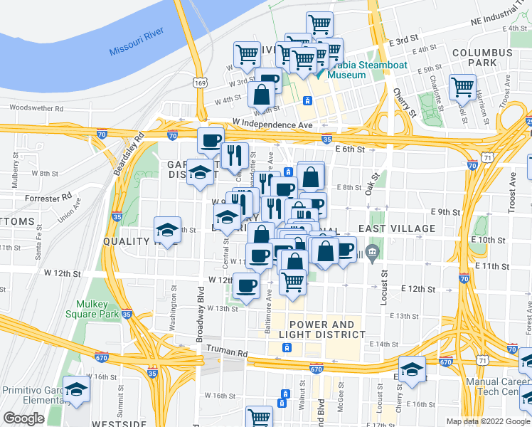 map of restaurants, bars, coffee shops, grocery stores, and more near 920 Main Street in Kansas City