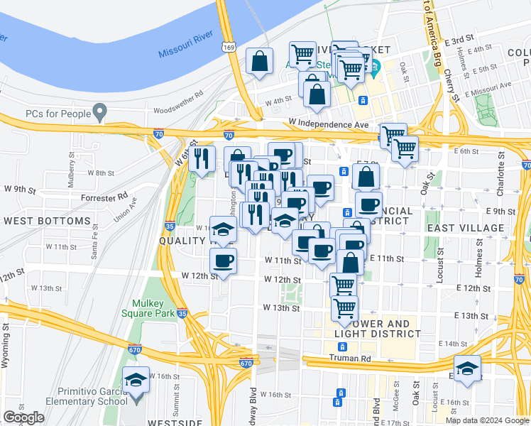 map of restaurants, bars, coffee shops, grocery stores, and more near 900 Broadway Boulevard in Kansas City
