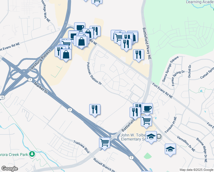 map of restaurants, bars, coffee shops, grocery stores, and more near 503 Sparkleberry Terrace Northeast in Leesburg