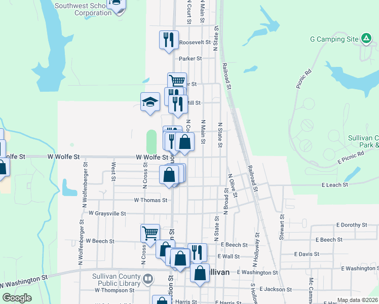 map of restaurants, bars, coffee shops, grocery stores, and more near 801-899 N Court St in Sullivan