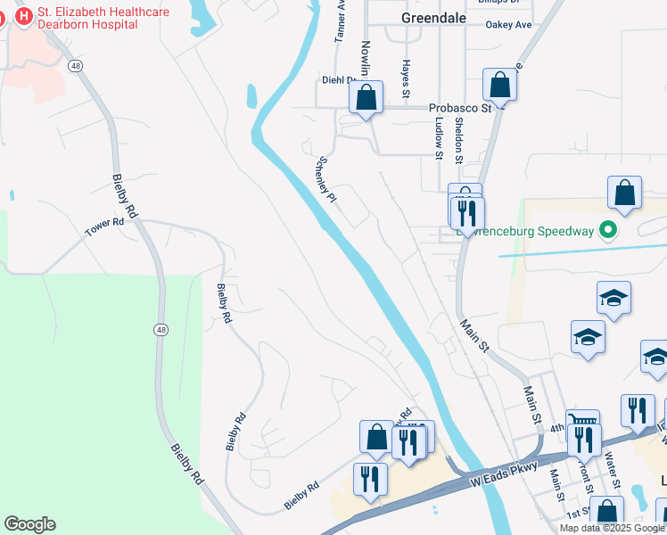 map of restaurants, bars, coffee shops, grocery stores, and more near 222-592 Industrial Drive in Lawrenceburg
