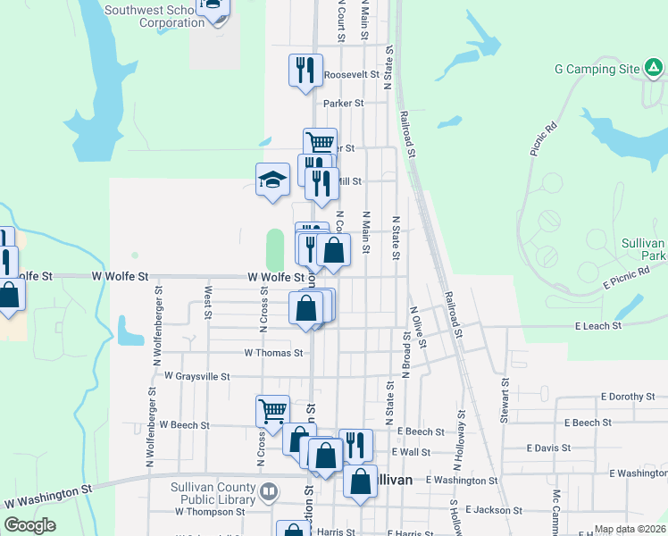 map of restaurants, bars, coffee shops, grocery stores, and more near 801-899 N Court St in Sullivan