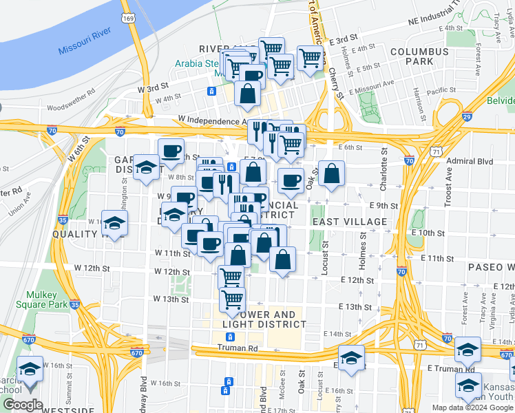 map of restaurants, bars, coffee shops, grocery stores, and more near 818 Grand Boulevard in Kansas City