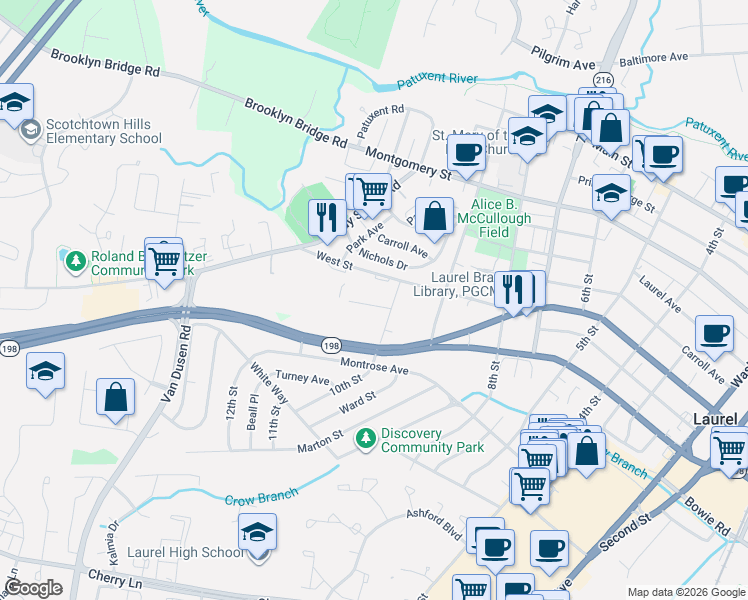 map of restaurants, bars, coffee shops, grocery stores, and more near 1017 Phair Place in Laurel