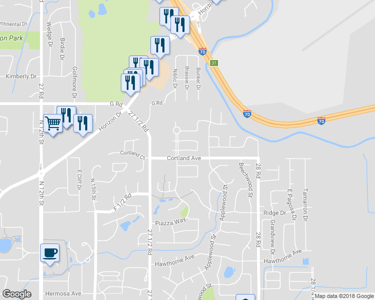 map of restaurants, bars, coffee shops, grocery stores, and more near 2325 South Seville Circle in Grand Junction