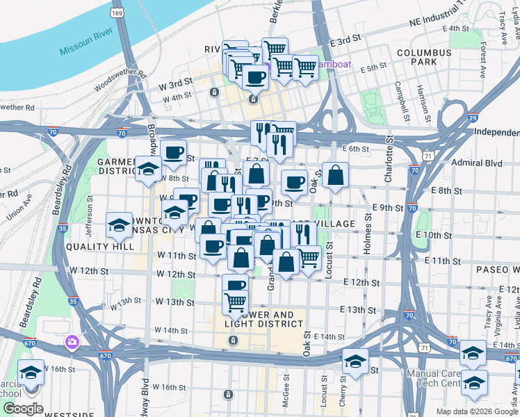 map of restaurants, bars, coffee shops, grocery stores, and more near 909 Walnut Street in Kansas City