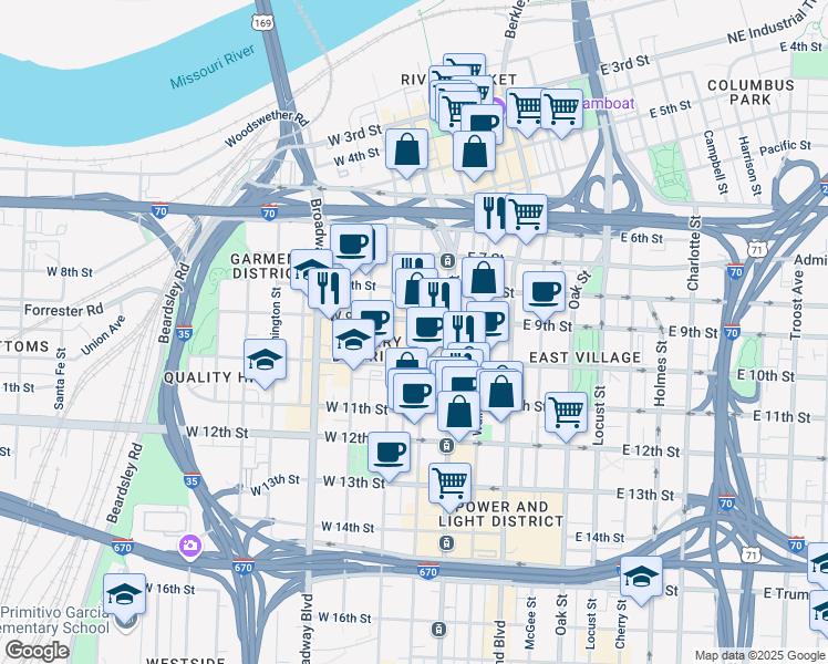 map of restaurants, bars, coffee shops, grocery stores, and more near 920 Main Street in Kansas City