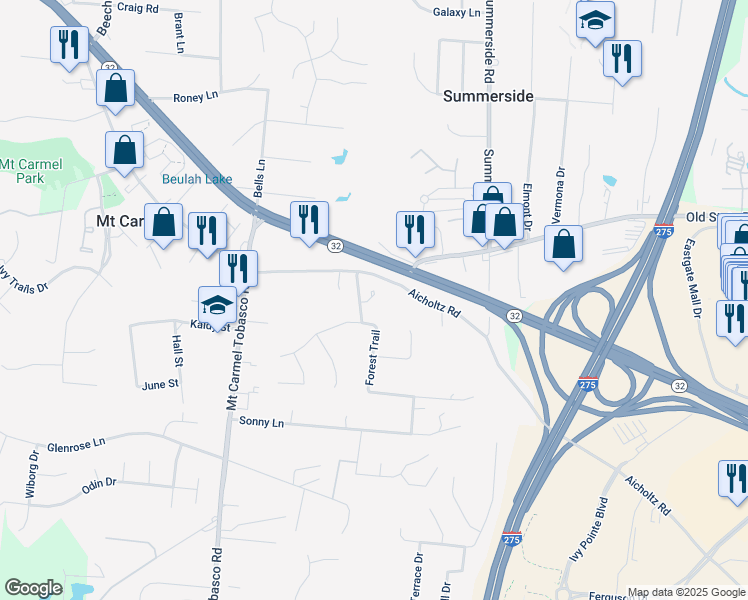 map of restaurants, bars, coffee shops, grocery stores, and more near 4512 Forest Trail in Cincinnati
