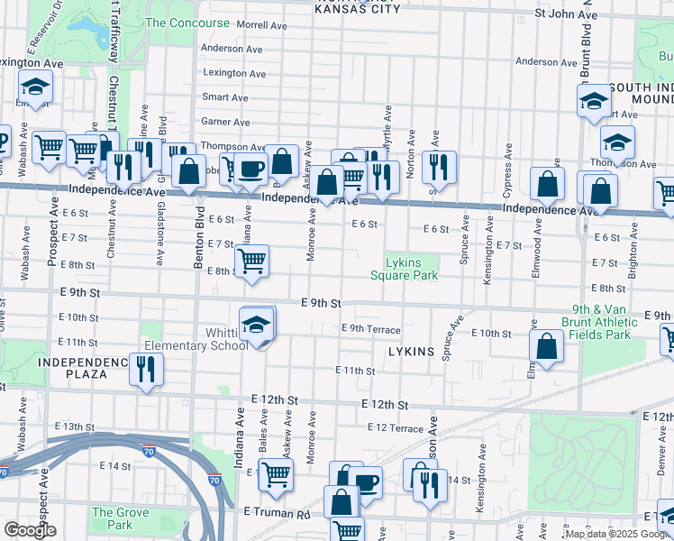 map of restaurants, bars, coffee shops, grocery stores, and more near 720 Cleveland Avenue in Kansas City