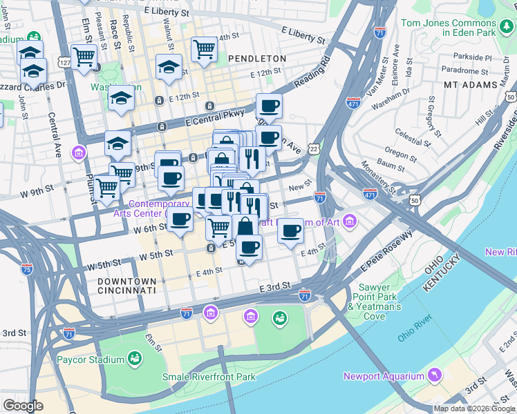 map of restaurants, bars, coffee shops, grocery stores, and more near in Cincinnati