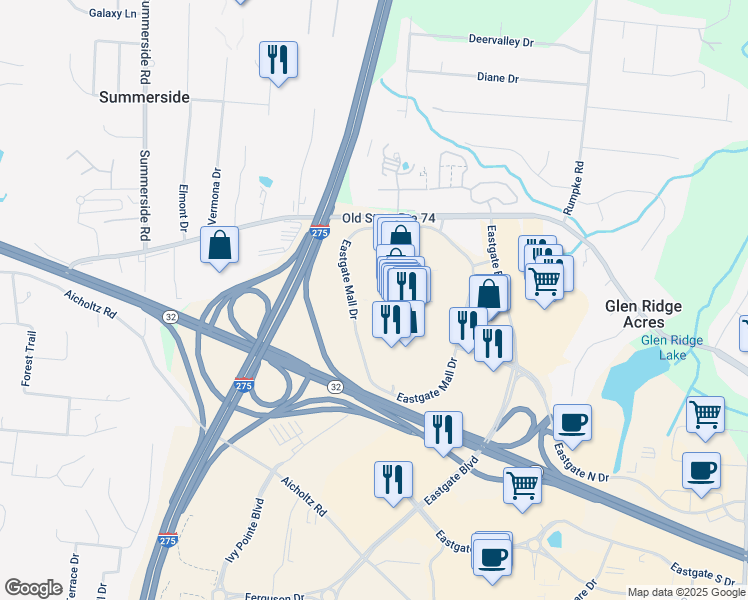 map of restaurants, bars, coffee shops, grocery stores, and more near 4607 Eastgate Boulevard in Cincinnati