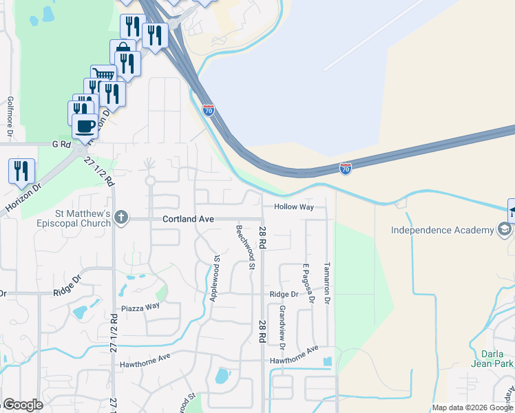 map of restaurants, bars, coffee shops, grocery stores, and more near 675-3999 28 Road in Grand Junction