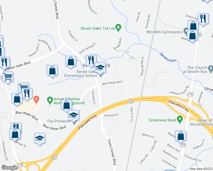 map of restaurants, bars, coffee shops, grocery stores, and more near 1820 Underhill Way in Odenton