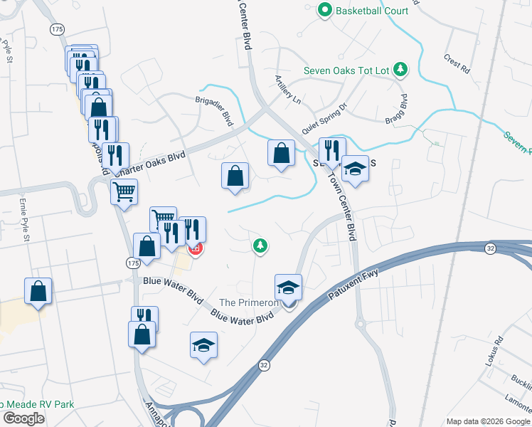 map of restaurants, bars, coffee shops, grocery stores, and more near 244 Edge Creek Lane in Odenton