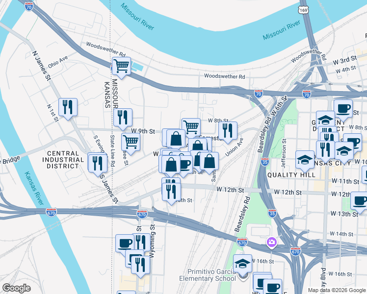 map of restaurants, bars, coffee shops, grocery stores, and more near  in Kansas City