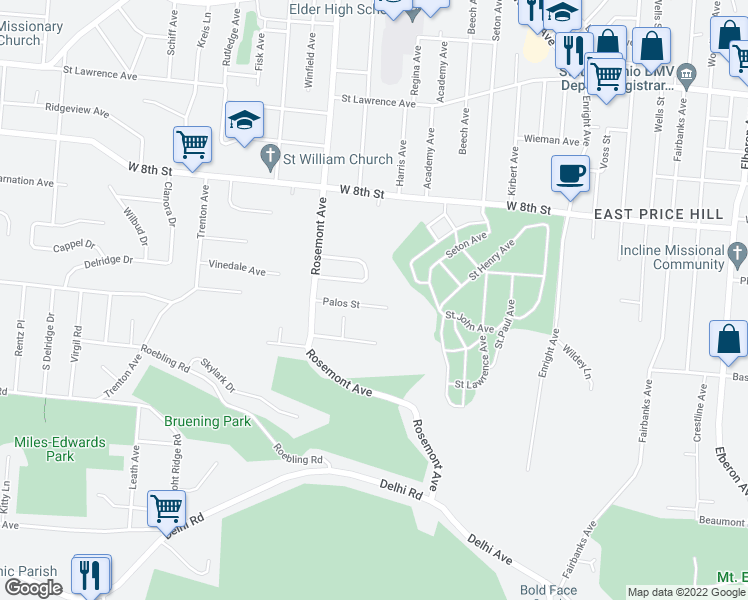 map of restaurants, bars, coffee shops, grocery stores, and more near 4018 Palos Street in Cincinnati