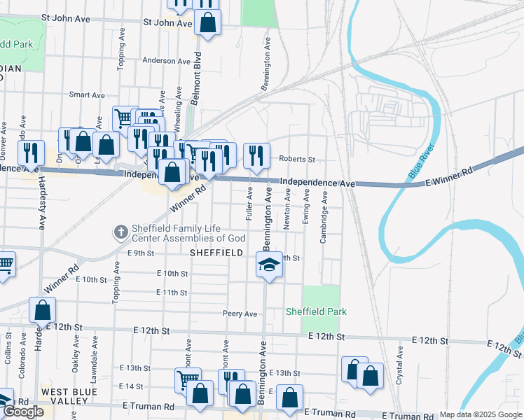map of restaurants, bars, coffee shops, grocery stores, and more near 6505 East 7th Street in Kansas City