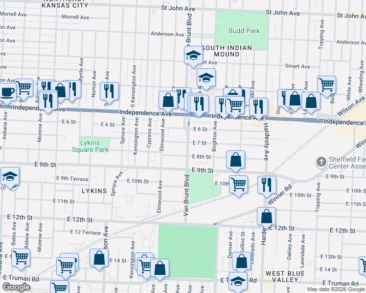 map of restaurants, bars, coffee shops, grocery stores, and more near 4617 East 7 Street in Kansas City