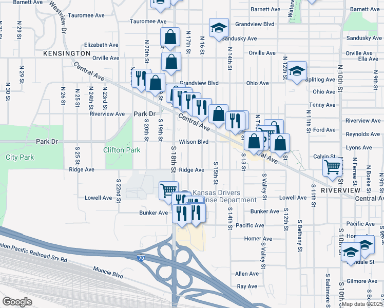 map of restaurants, bars, coffee shops, grocery stores, and more near 56 South 17th Street in Kansas City