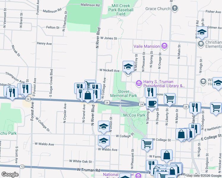map of restaurants, bars, coffee shops, grocery stores, and more near 1112 North Union Street in Independence