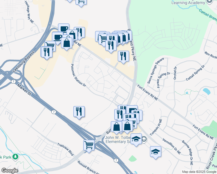 map of restaurants, bars, coffee shops, grocery stores, and more near 583 Kalmia Square Northeast in Leesburg