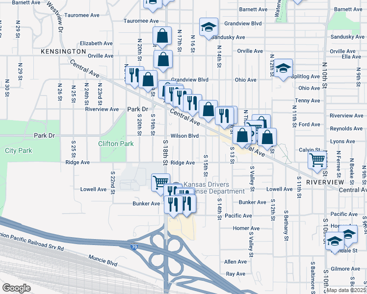 map of restaurants, bars, coffee shops, grocery stores, and more near 56 South 17th Street in Kansas City