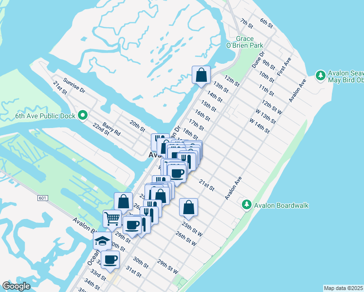 map of restaurants, bars, coffee shops, grocery stores, and more near 249 19th Street in Avalon