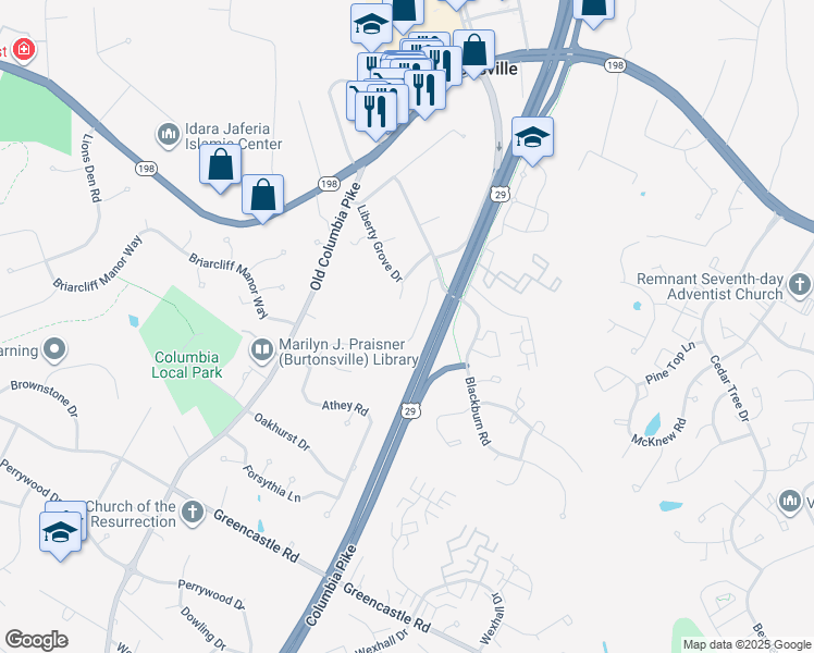 map of restaurants, bars, coffee shops, grocery stores, and more near 25 Blackburn Court in Burtonsville