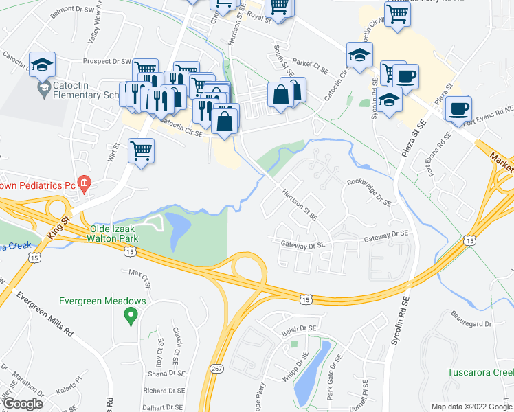 map of restaurants, bars, coffee shops, grocery stores, and more near 343 Shenandoah Street Southeast in Leesburg