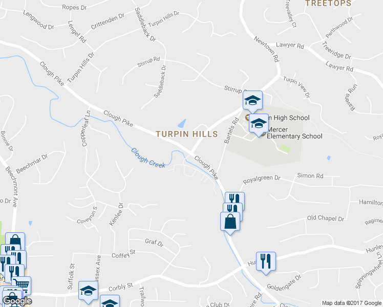 map of restaurants, bars, coffee shops, grocery stores, and more near Clough Pike & Newtown Rd in Hamilton