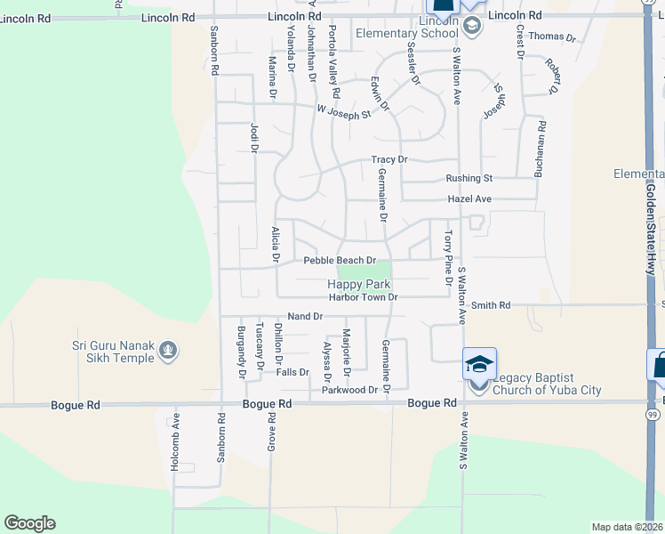 map of restaurants, bars, coffee shops, grocery stores, and more near 1904 Pebble Beach Drive in Yuba City