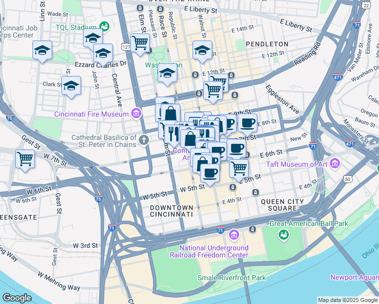 map of restaurants, bars, coffee shops, grocery stores, and more near 37 West 7th Street in Cincinnati