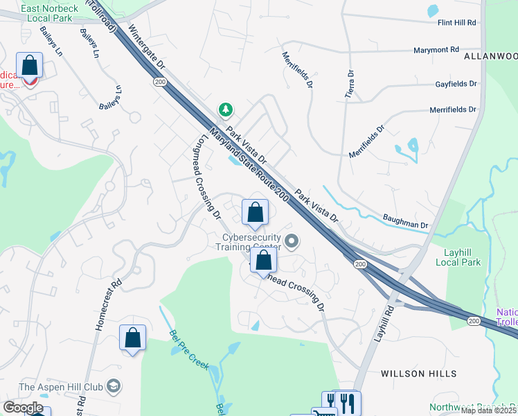 map of restaurants, bars, coffee shops, grocery stores, and more near 13 Dinsdale Court in Silver Spring