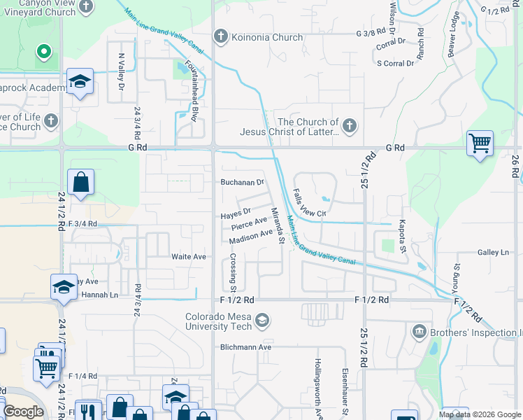 map of restaurants, bars, coffee shops, grocery stores, and more near 2519 Hayes Drive in Grand Junction