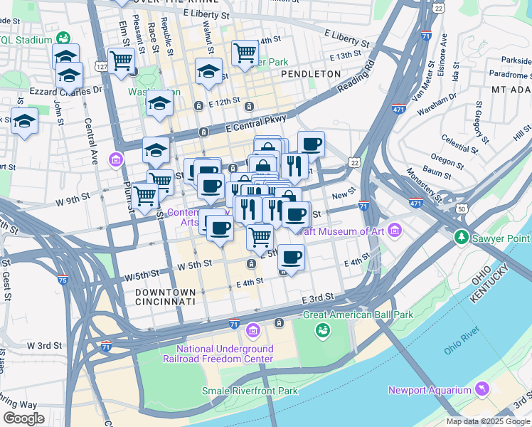 map of restaurants, bars, coffee shops, grocery stores, and more near in Cincinnati