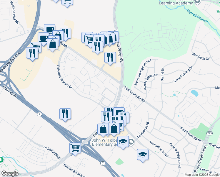 map of restaurants, bars, coffee shops, grocery stores, and more near 520 Legrace Terrace Northeast in Leesburg