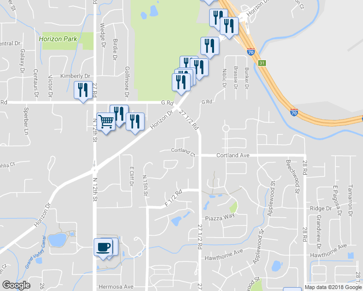 map of restaurants, bars, coffee shops, grocery stores, and more near 3919 East Brambling Lane in Grand Junction