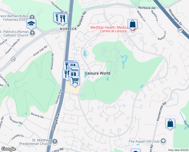 map of restaurants, bars, coffee shops, grocery stores, and more near 15111 Vantage Hill Road in Silver Spring