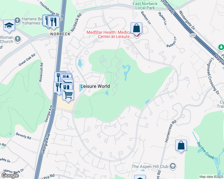 map of restaurants, bars, coffee shops, grocery stores, and more near 15101 Interlachen Drive in Silver Spring