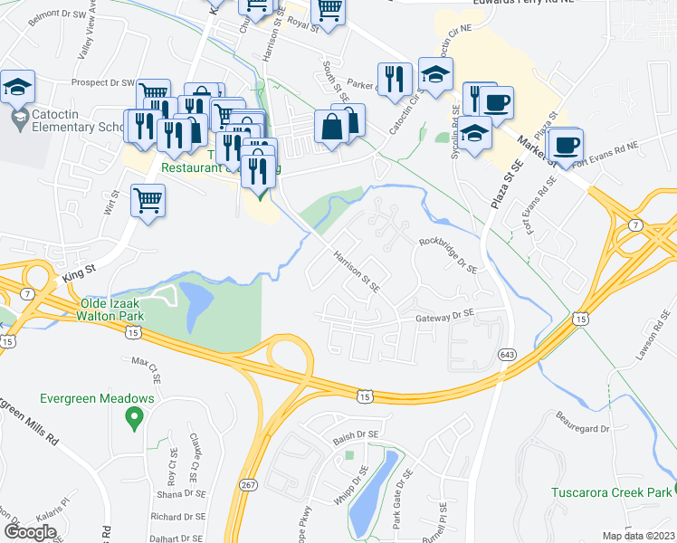 map of restaurants, bars, coffee shops, grocery stores, and more near 312 Roanoke Drive Southeast in Leesburg