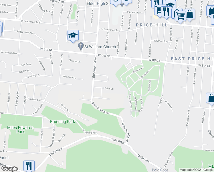 map of restaurants, bars, coffee shops, grocery stores, and more near 4018 Palos St in Cincinnati