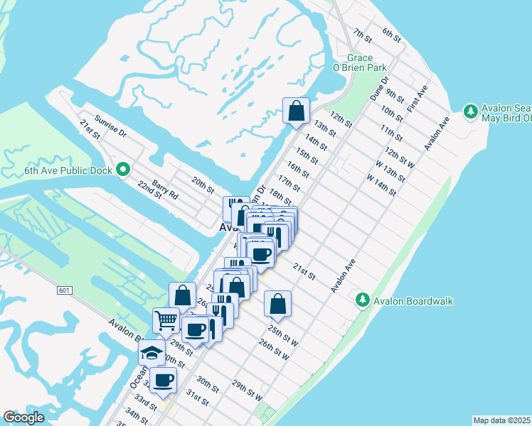map of restaurants, bars, coffee shops, grocery stores, and more near 260 19th Street in Avalon