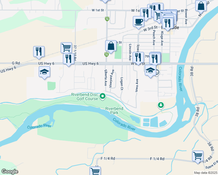 map of restaurants, bars, coffee shops, grocery stores, and more near 874 Vineyard Avenue in Palisade